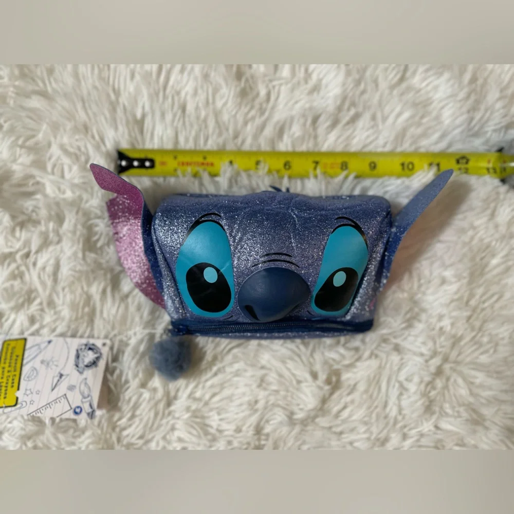 NEW Disney Parks Stitch Head 3D Glitter Pencil Case Makeup Bag Pouch Travel Blue